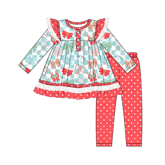 Preorder (moq 5)Baby Girls Blue Plaid Colorful Bows Button Tunic Polka Dots Legging Pant Set 5.19