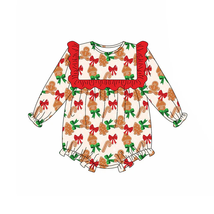 Preorder (moq 5)Baby Girls Long Sleeves Red Bows Gingerbread Ruffle Rompers 5.17