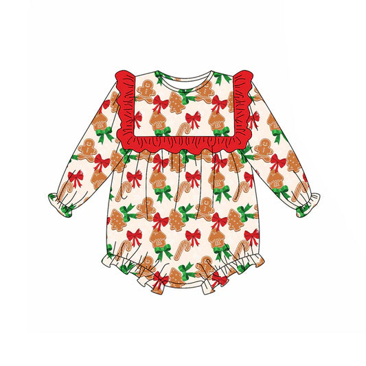 Preorder (moq 5)Baby Girls Long Sleeves Red Bows Gingerbread Ruffle Rompers 5.17
