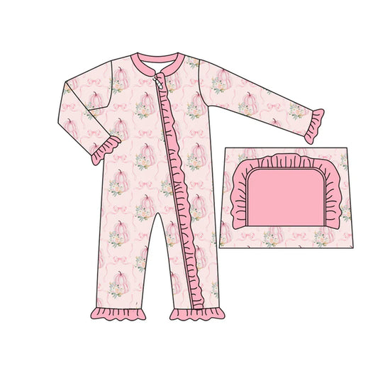 Preorder moq 5 Baby Infant Girls Long Sleeves Pink Bows Pumpkins Plaid Ruffle Zipper Romper 7.14