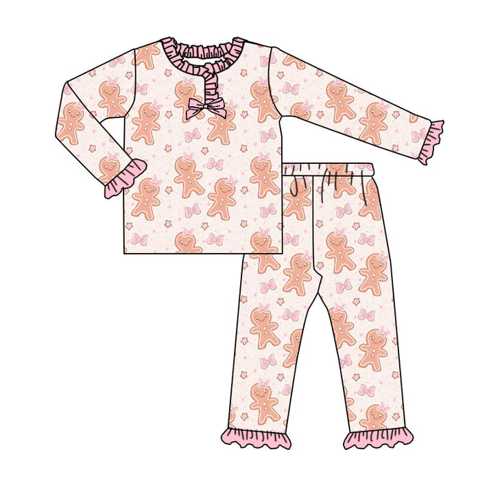 Preorder (moq 5)Baby Girls Pink Gingerbread Bows Top Ruffle Pants Christmas Pajamas Sets 9.4