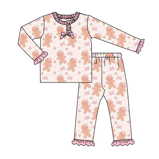 Preorder (moq 5)Baby Girls Pink Gingerbread Bows Top Ruffle Pants Christmas Pajamas Sets 9.4