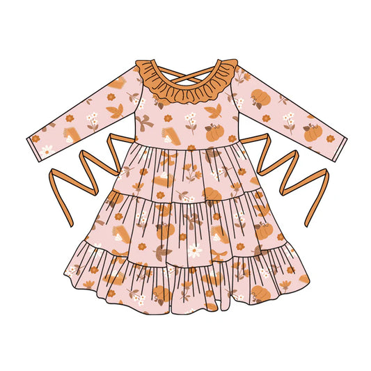 Preorder moq 5 Baby Girls Pink Long Sleeves Leaves Pumpkins With Belt Ruffle Knee Length 5.2