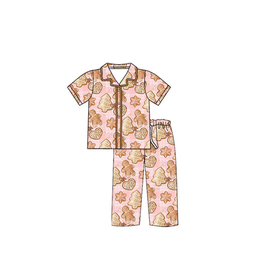 preorder(moq 5) Baby Girls Short Sleeves Pink Gingerbread Trees Button Top Pants Pajamas Set 7.24