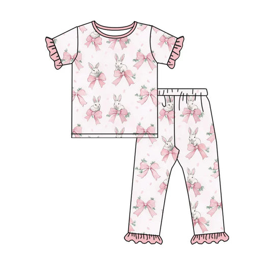 Preorder (moq 8)Baby Girls Pink Bows Rabbits Top Ruffle Pants Easter Pajamas Sets 9.17