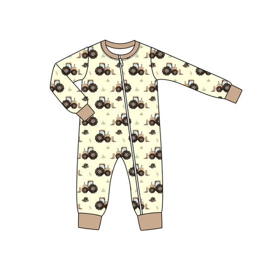 Preorder moq 5 Baby Infant Boys Long Sleeves Yellow Trucks Plaid Farm Zipper Romper 7.16