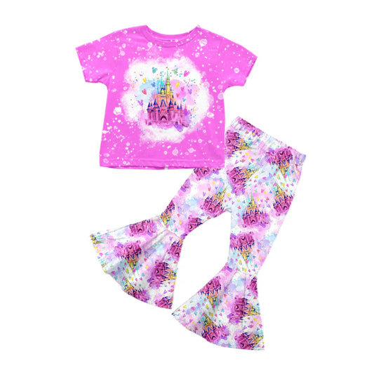Preorder (moq 5)Baby Girls Purple Short Sleeves Castle Balloons Top Bell Bottom Pant Set 5.12