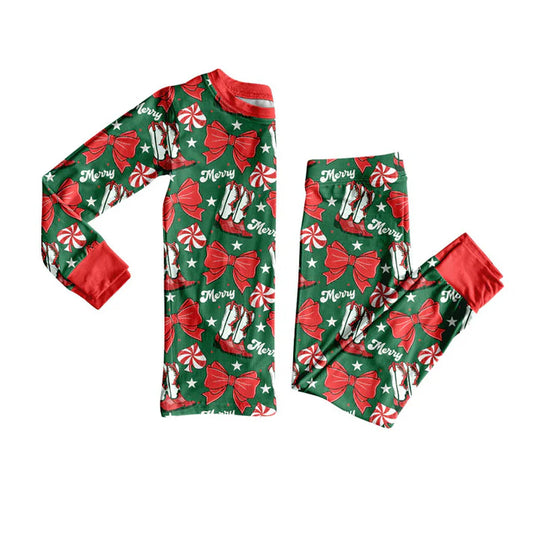 Preorder (moq 8)Baby Girls Red Bows Boots Top Ruffle Pants Merry Christmas Pajamas Sets 9.23