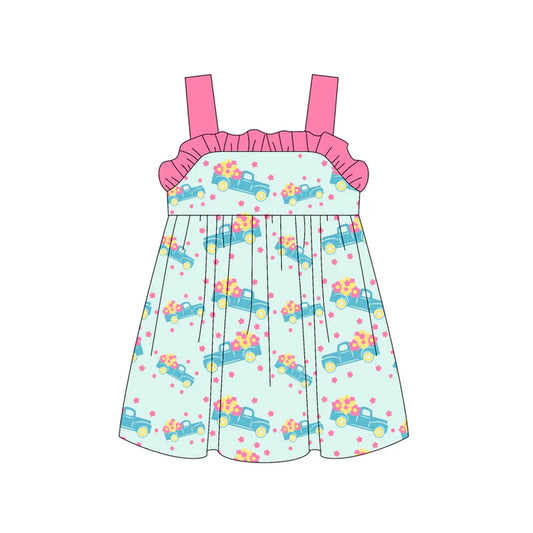 Preorder (moq 5)Baby Girls Pink Strap Flowers Trucks Knee Length Dresses 4.24