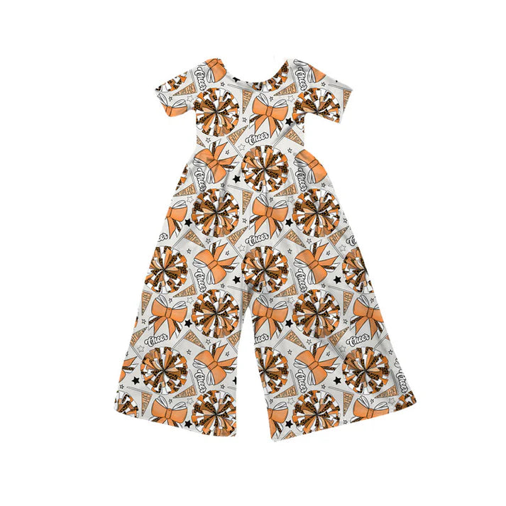 Preorder(moq 8)Baby Girls Orange Bows Go Footballs Short Sleeve Team Pant Jumpsuits 9.29
