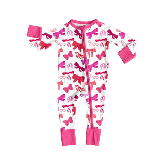 Preorder (moq 5)Baby Girls Long Sleeve Red Pink Bows Plaid Valentine Zipper Footie Rompers 10.4