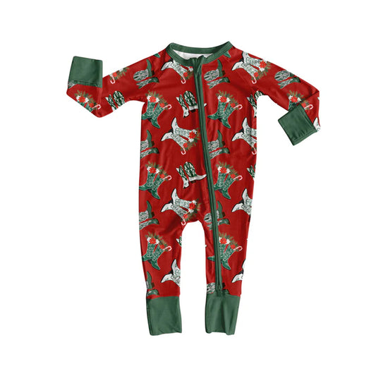 Preorder moq 5 Baby Infant Boys Long Sleeves Candy Cane Boots Plaid Zipper Romper 7.16