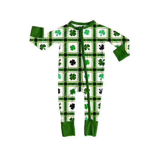 Preorder (moq 8)Baby Boys Clovers Checked St Patrick Zipper Footie Rompers 9.10
