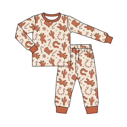 Preorder (moq 5)Baby Kids Long Sleeves Khaki Gingerbread Candy Cane Top Pant Pajamas Set 5.21
