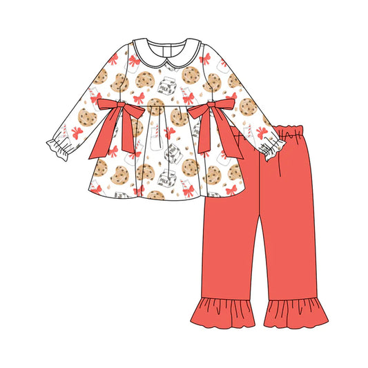 Preorder(moq 5) Baby Girls Christmas Cookie Milk Bows Tunic Top Pants Clothes Sets 8.12