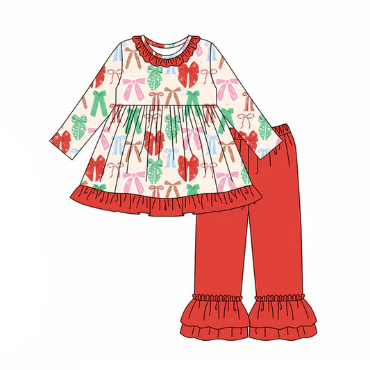 preorder(moq 5) Baby Girls Long Sleeves Colorful Bows Plaid Tunic Ruffle Pants Set 7.25
