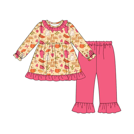 Preorder(moq 5) Baby Girls Pink Bows Ghosts Tunic Ruffle Pants Halloween Set 8.15