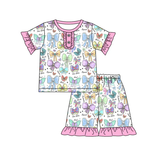 Preorder (moq 5)Baby Girls Pink Short Ruffle Sleeves Colorful Bows Button Top Short Pajamas Sets 5.15
