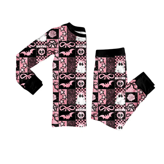 Preorder (moq 5)Baby Girls Ghost Bows Plaid Top Pant Halloween Pajamas Set 8.1