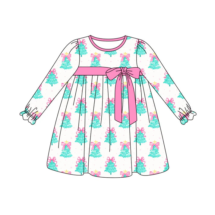 Preorder (moq 5)Baby Girls Long Ruffle Sleeves Bows Trees Plaid Knee Length Dresses 5.29