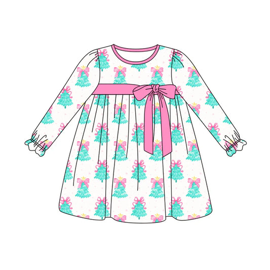 Preorder (moq 5)Baby Girls Long Ruffle Sleeves Bows Trees Plaid Knee Length Dresses 5.29