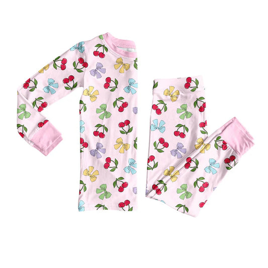 Preorder (moq 8)Baby Girls Colorful Bows Cherry Top Pants Valentine Pajamas Sets 9.13