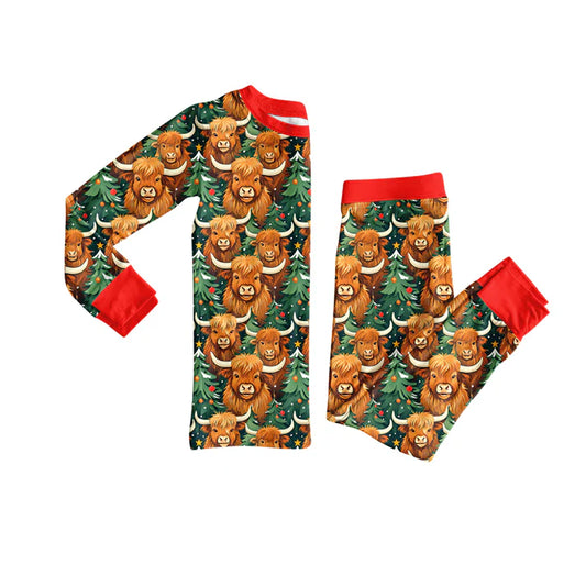 Preorder(moq 5) Baby Girls Long Sleeves Highland Cows Trees Plaid Top Pants Pajamas Set 7.22
