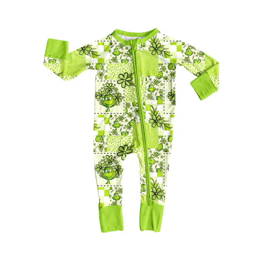 Preorder(moq 5)Baby Infant Green Face Flowers Plaid Christmas Zipper Rompers 8.4