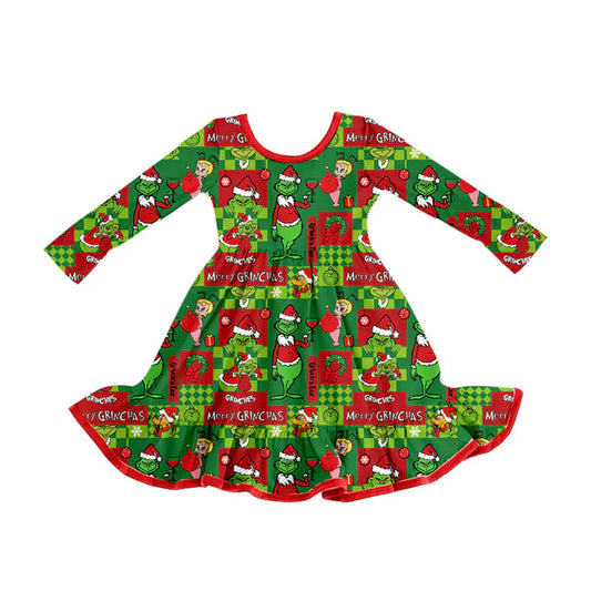 Preorder (moq 8)Baby Girls Green Faces Miss Christmas Ruffle Knee Length Dresses 9.23