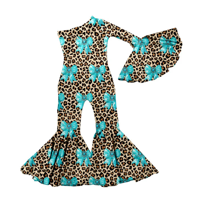 Preorder(moq 5) Baby Girls Blue Turquoises Bows Leopard Western Bell Bottom Jumpsuits 11.14