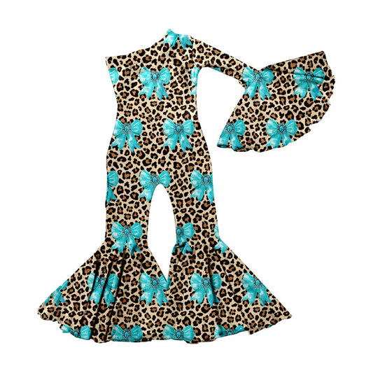 Preorder(moq 5) Baby Girls Blue Turquoises Bows Leopard Western Bell Bottom Jumpsuits 11.14