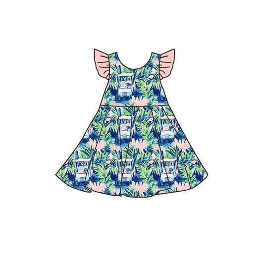 Preorder(moq 5) Baby Girls Flutter Sleeve Green Plants Trucks Knee Length Dresses 10.30