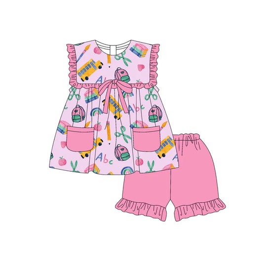 Preorder (moq 5)Baby Girls Pink Sleeveless Peaches Pencils Pockets Tunic Ruffle Shorts Set 4.23