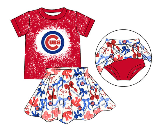 Preorder moq 5 bleached top red blue bow skirt girls team outfits 8.23