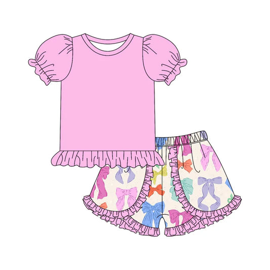 Preorder moq 5 Baby Girls Pink Short Ruffle Sleeves Tunic Colorful Bows Ruffle Short Set 4.18