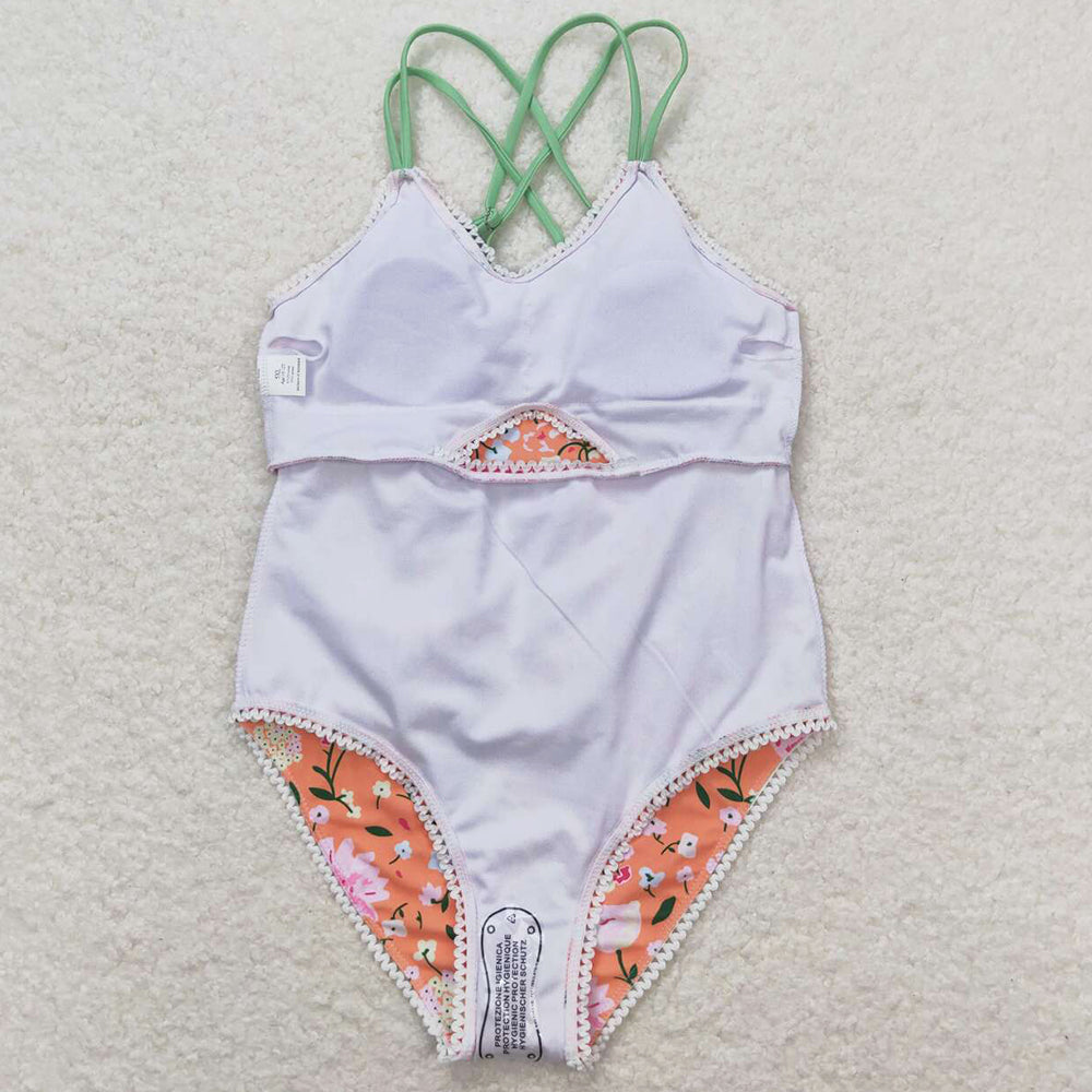 Baby Girls Swimsuits Orange Flowers Ruffle One Piece Swimsuits S0249