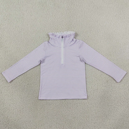 Baby Girls Clothes Long Sleeve Lavender Stripe Zip Ruffle Pullovers Top GT1758