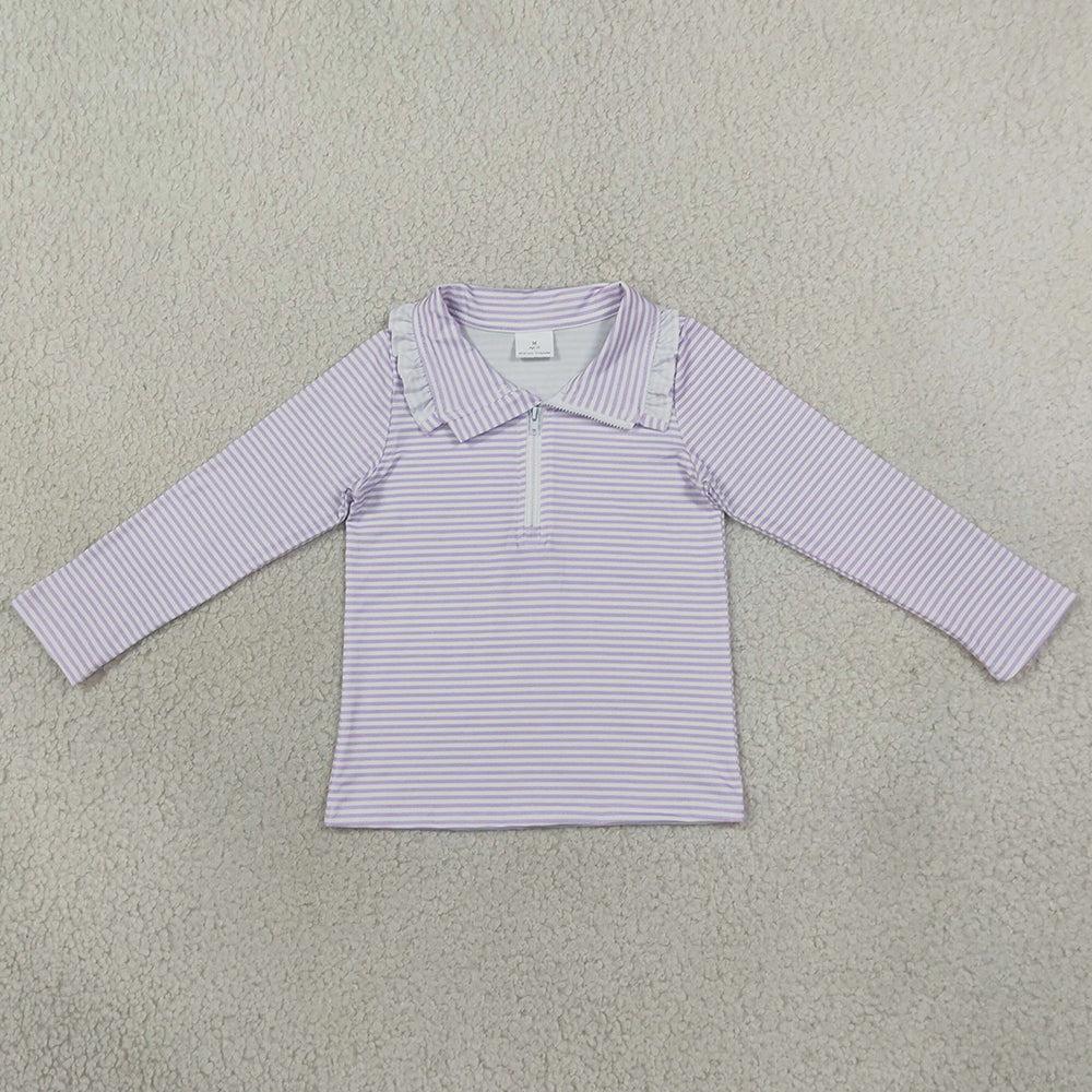 Baby Girls Clothes Long Sleeve Lavender Stripe Zip Ruffle Pullovers Top GT1758