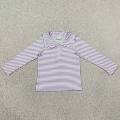 Baby Girls Clothes Long Sleeve Lavender Stripe Zip Ruffle Pullovers Top GT1758