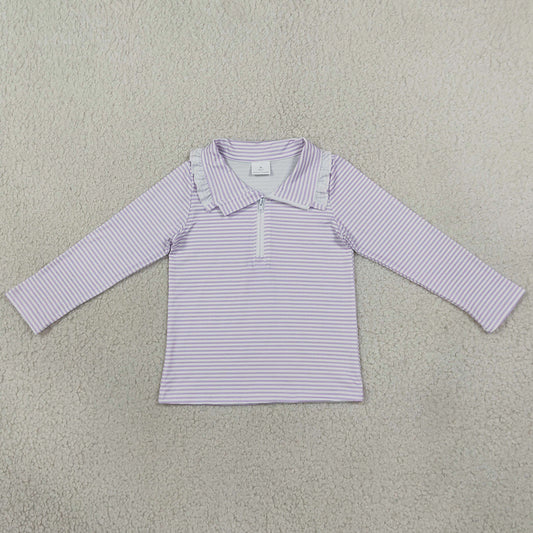 Baby Girls Clothes Long Sleeve Lavender Stripe Zip Ruffle Pullovers Top GT1758