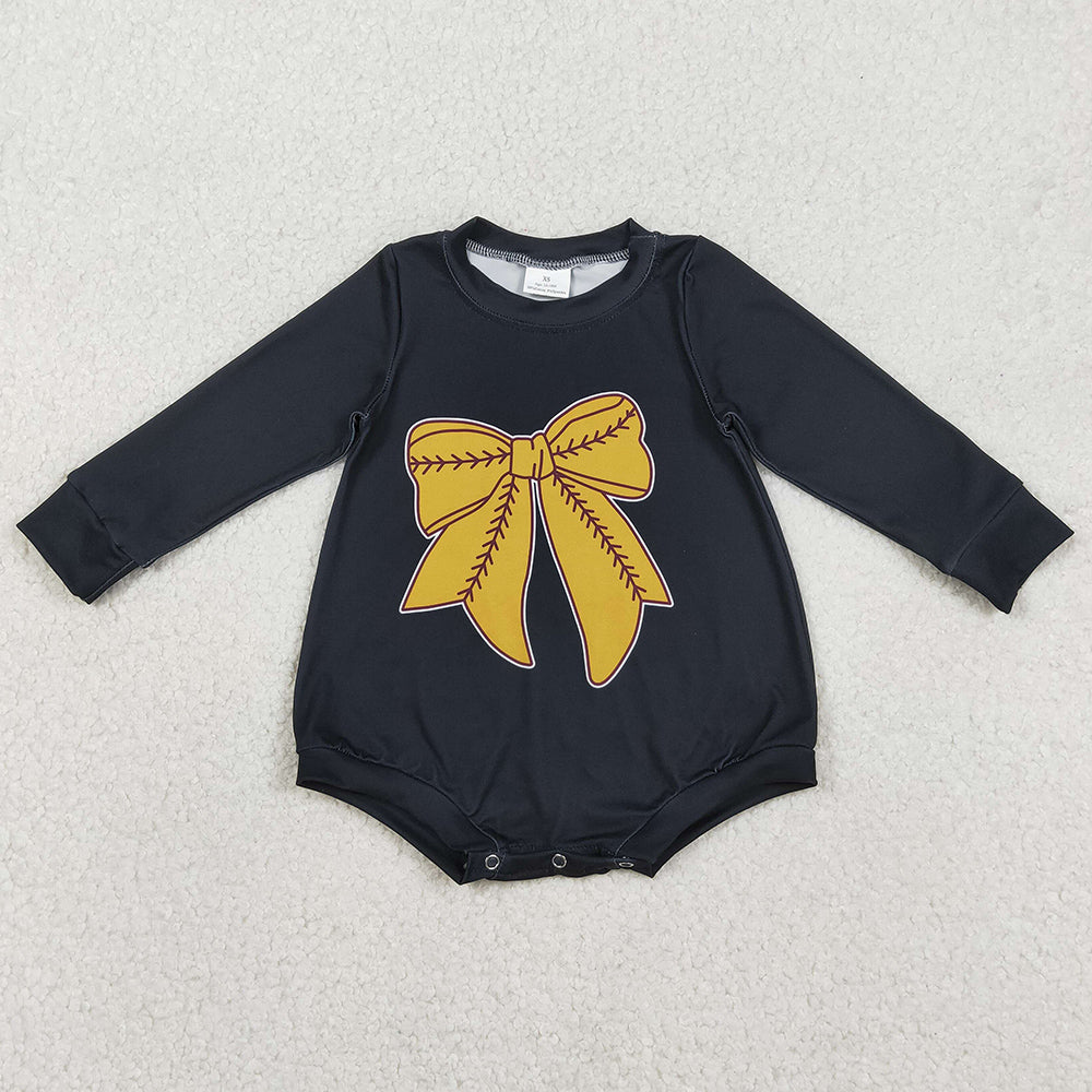 Baby Girls Rompers Black Long Sleeve Gold Baseballs Bows Team Rompers LR2774 11.21