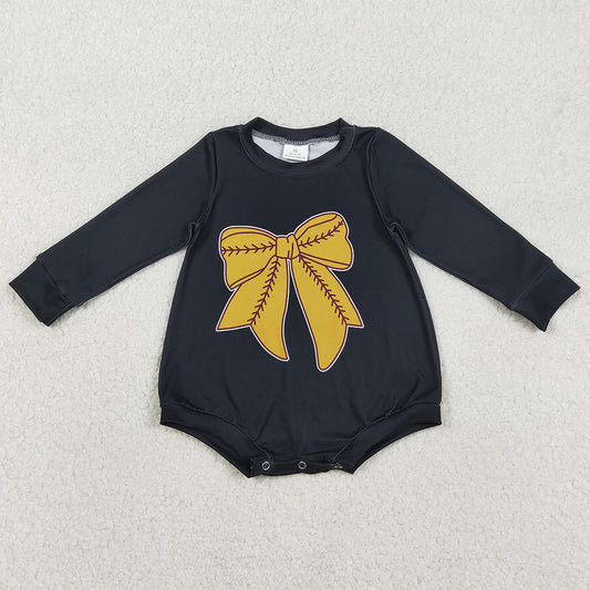 Baby Girls Rompers Black Long Sleeve Gold Baseballs Bows Team Rompers LR2774 11.21