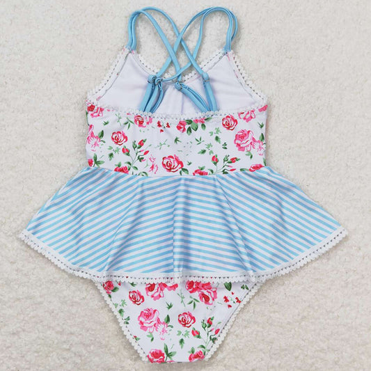 Baby Girls Swimsuits White Pink Flowers Ruffle One Piece Swimsuits S0248