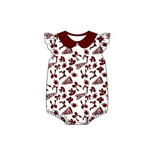 preorder(moq 5)Baby Infant Girls Wine Team Bow Flutter Sleeve Rompers 8.1
