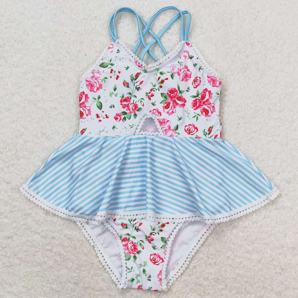 Baby Girls Swimsuits White Pink Flowers Ruffle One Piece Swimsuits S0248