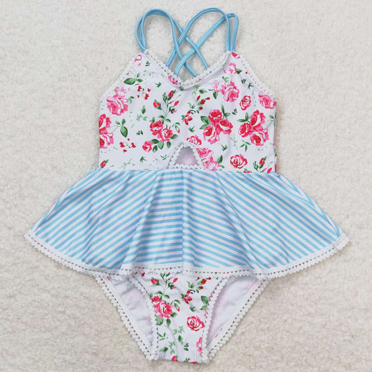 Baby Girls Swimsuits White Pink Flowers Ruffle One Piece Swimsuits S0248