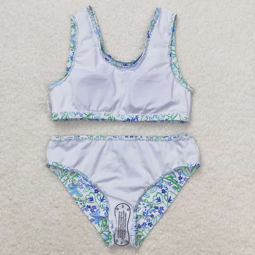 Baby Girls Swimsuits Summer Blue Flowers Ruffle Top Bummie Swimsuits S0279