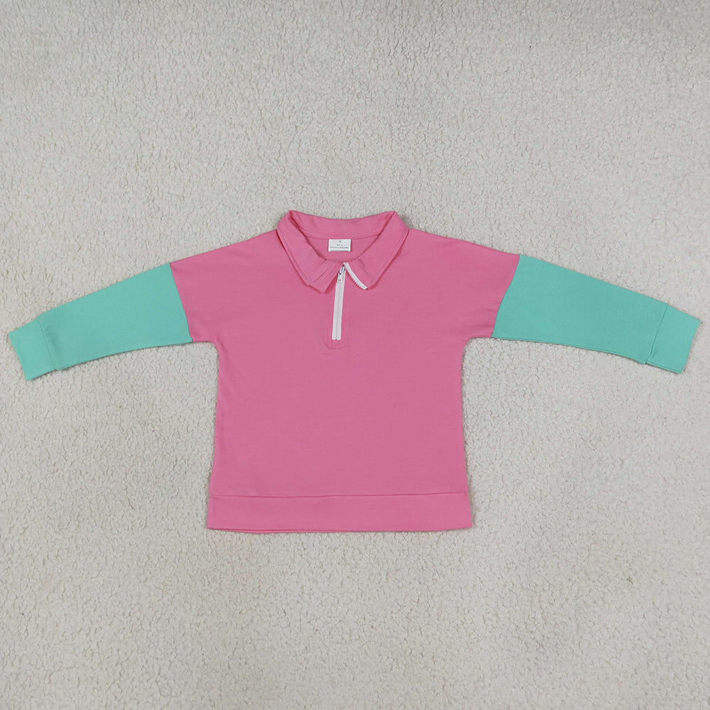 Baby Girls Long Sleeve Pink Aqua Patchwork Zip Pullovers Top GT1820