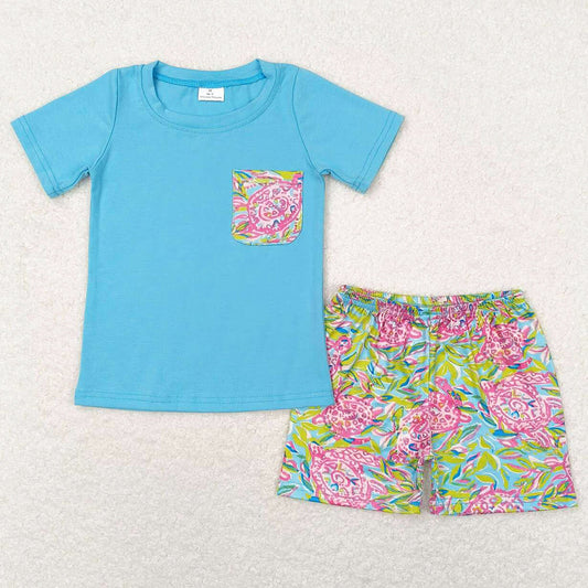 Baby Girls Clothes Sibling Ottfits Blue Turtle Tunic Ruffle Shorts Boys Sets BSSO0846 GSSO1095