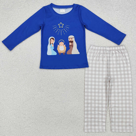 Baby Boys Clothes Blue Christmas Nativity Tee Top Pants Clothes Sets BLP0723